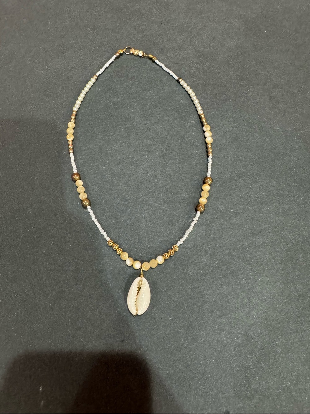Handmade Gold and Cream Beaded Shell Pendant Necklace